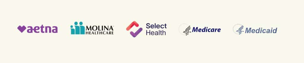 Logos of five healthcare providers: Aetna, Molina Healthcare, Select Health, Medicare, and Medicaid.